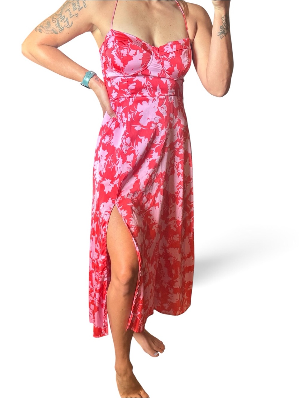 Astr Pink & Red Floral Backless Maxi Dress with Side Slit